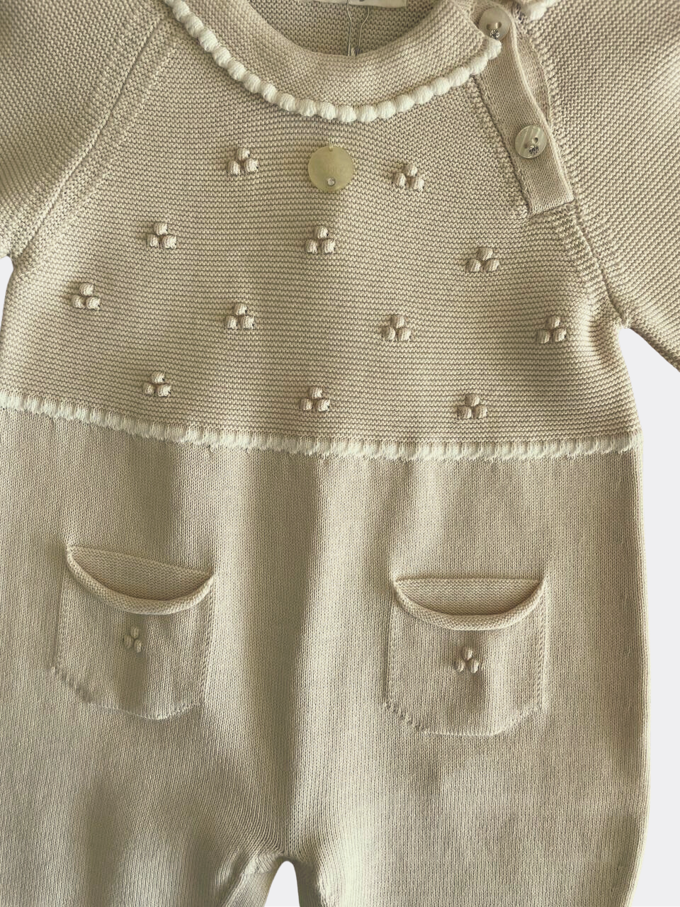 Beige And White Organic cotton Overall For Baby Girl