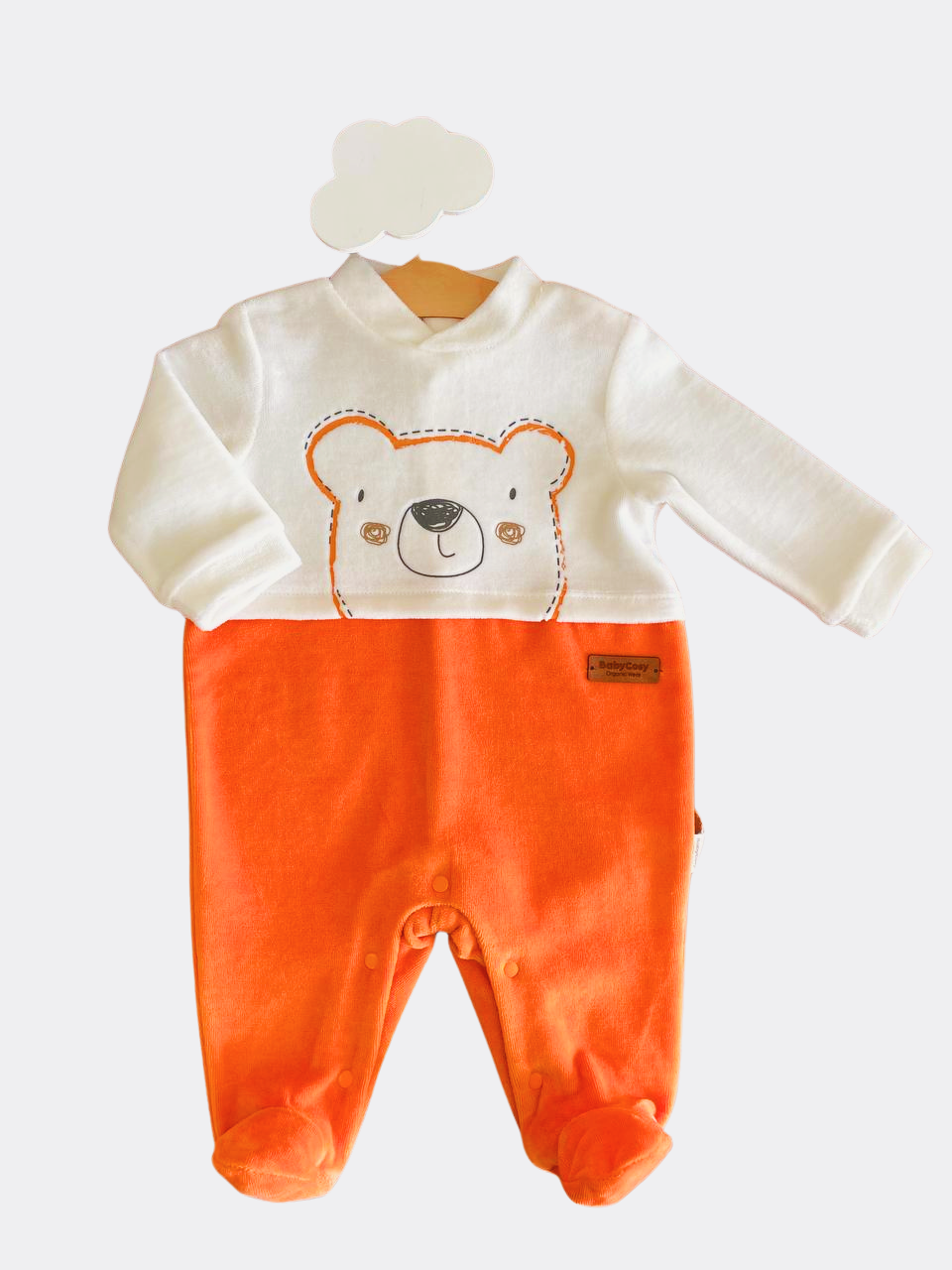 White & Orange Organic Velvet Teddy Footed Overall