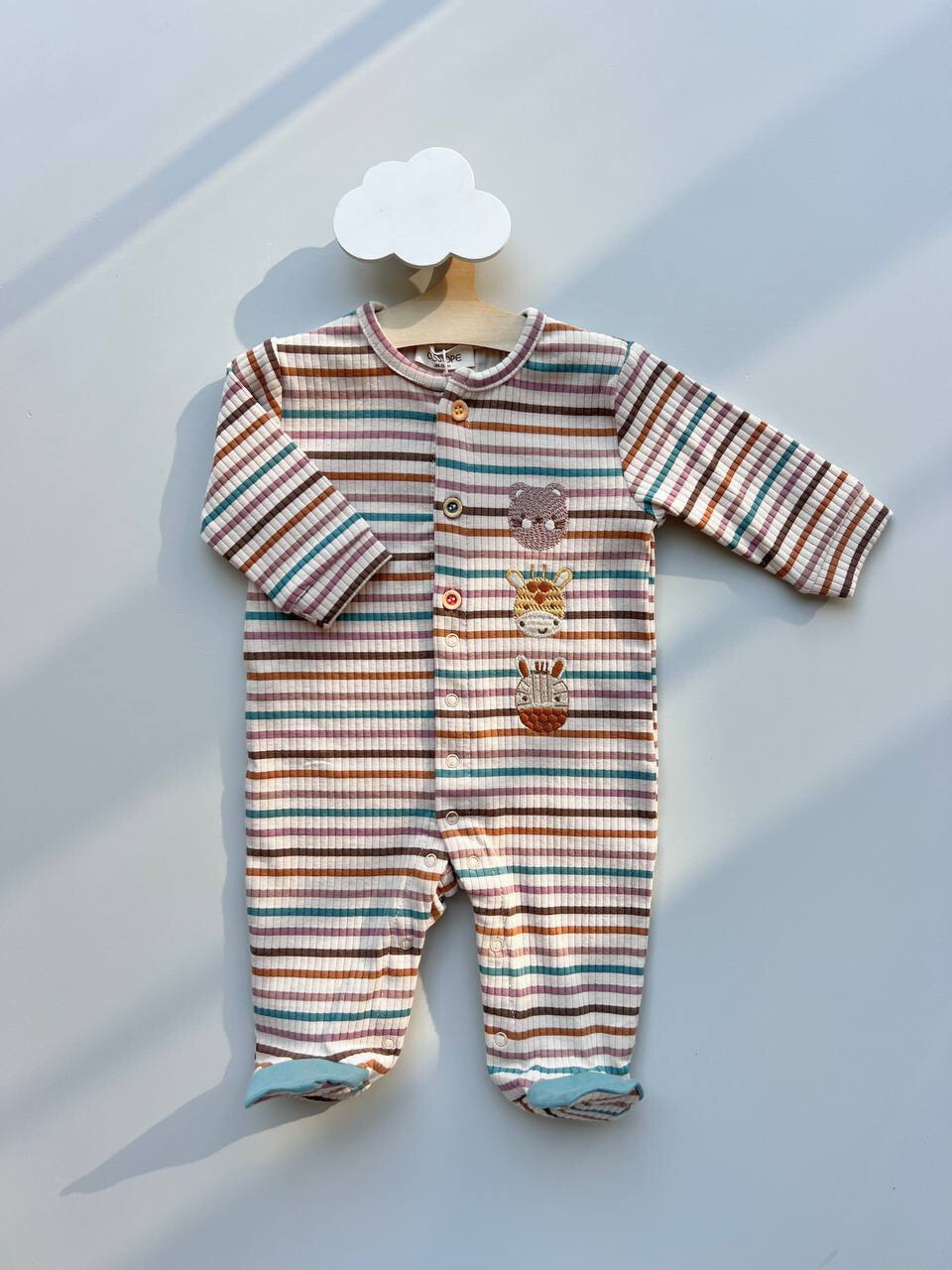 Beige Stripped Cotton Animals Design Overall