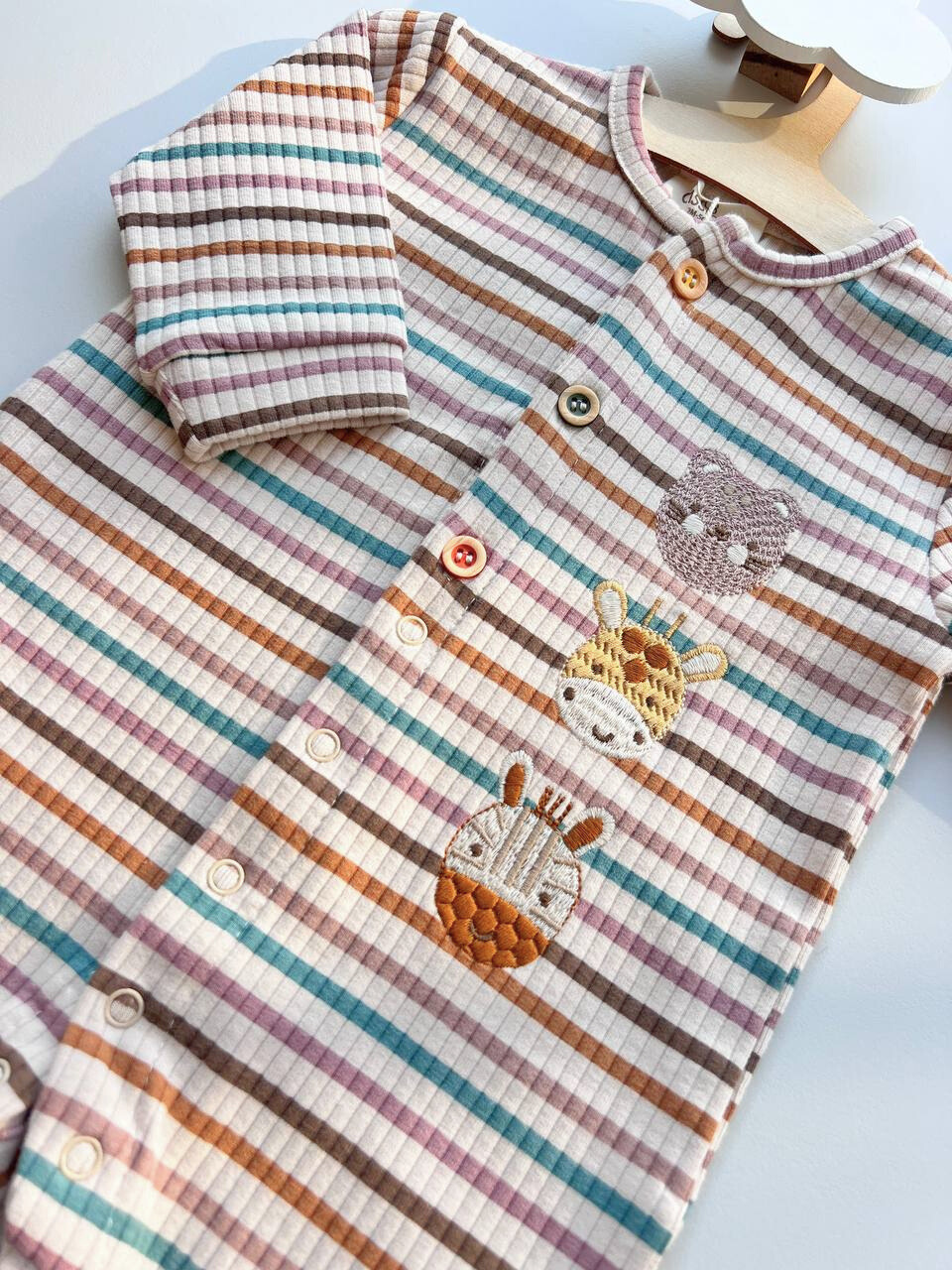 Beige Stripped Cotton Animals Design Overall