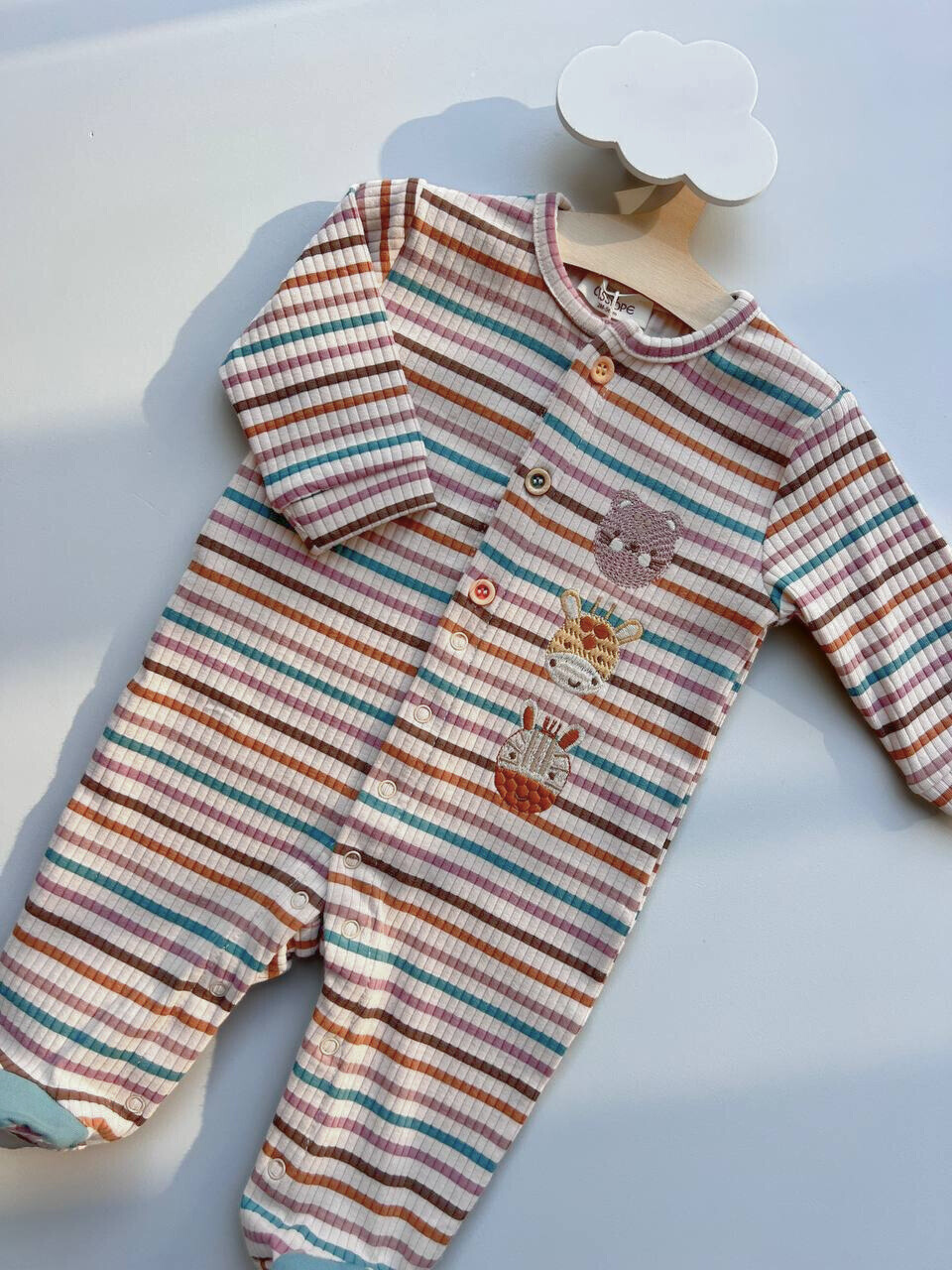 Beige Stripped Cotton Animals Design Overall