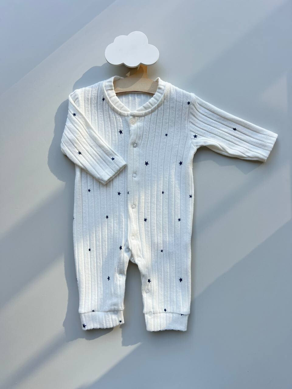 Off White Soft Velvet Ribbed Stars Design Overall