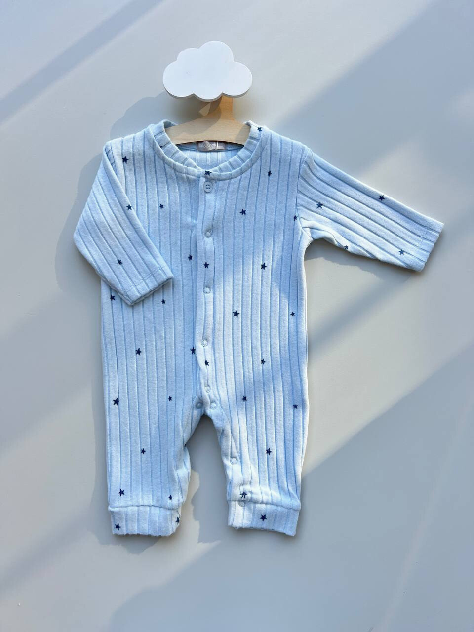 Light Blue Soft Velvet Ribbed Stars Design Overall