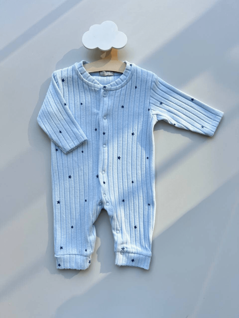 Light Blue Soft Velvet Ribbed Stars Design Overall - La Farandole Paris