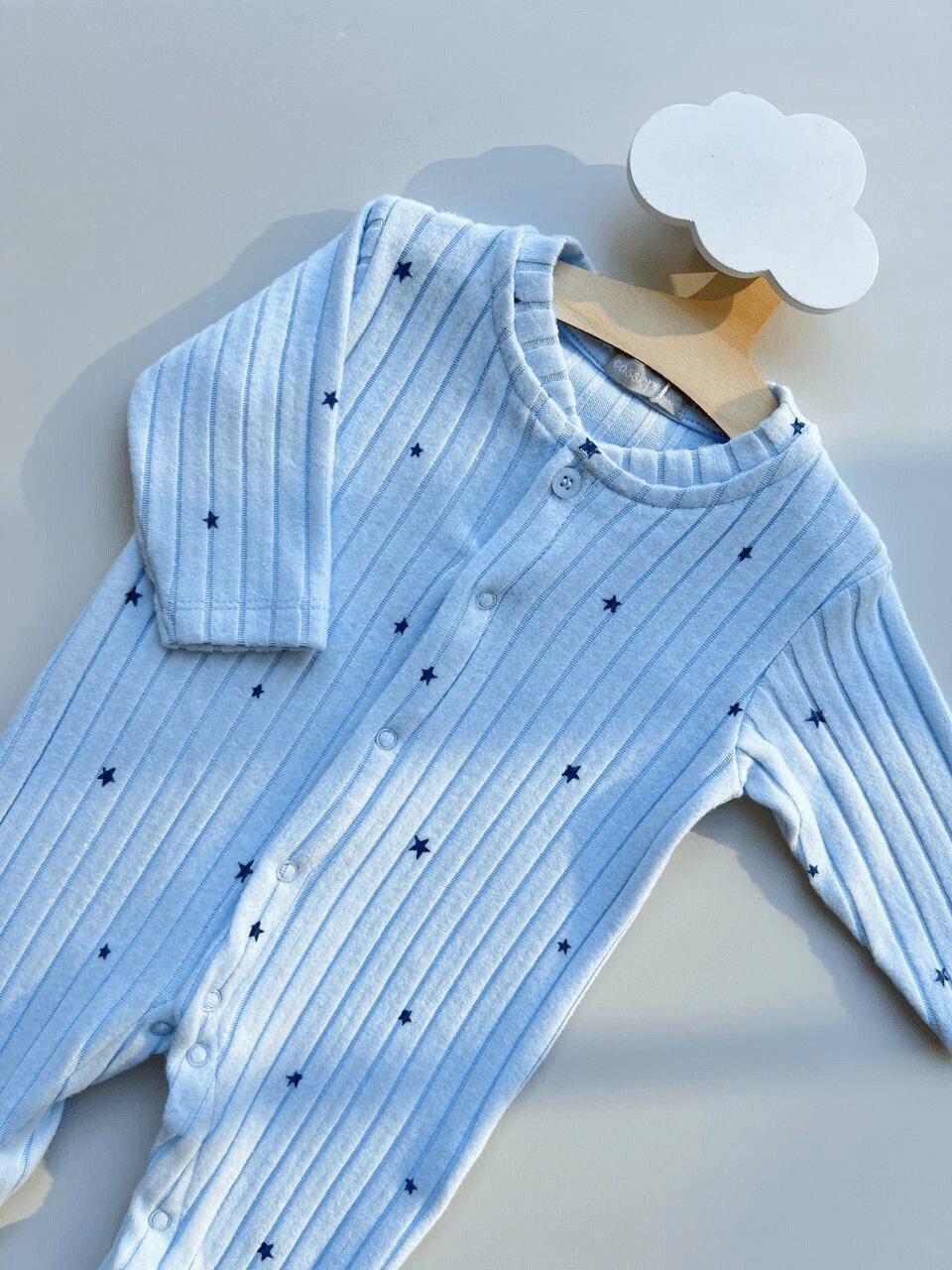 Light Blue Soft Velvet Ribbed Stars Design Overall - La Farandole Paris