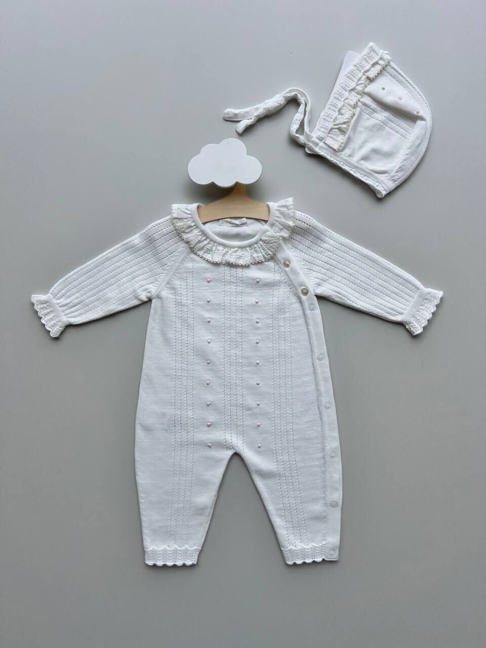 White and Pink Organic Cotton Overall With Hat