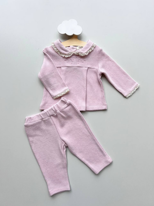 Pink Soft Velvet Ruffles 2pcs Set