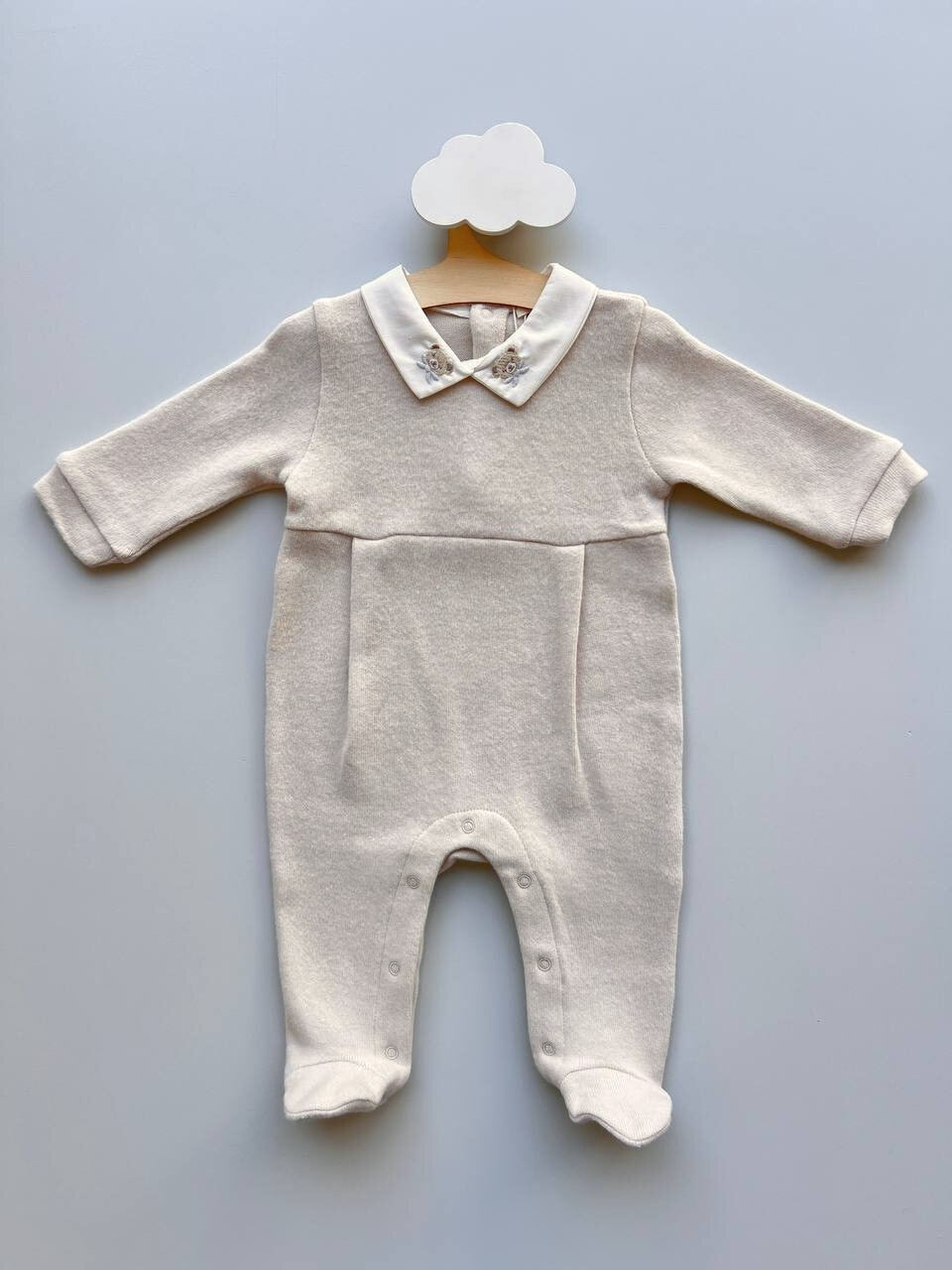 Light Beige and White Polo Bear Velvet Footed Overall