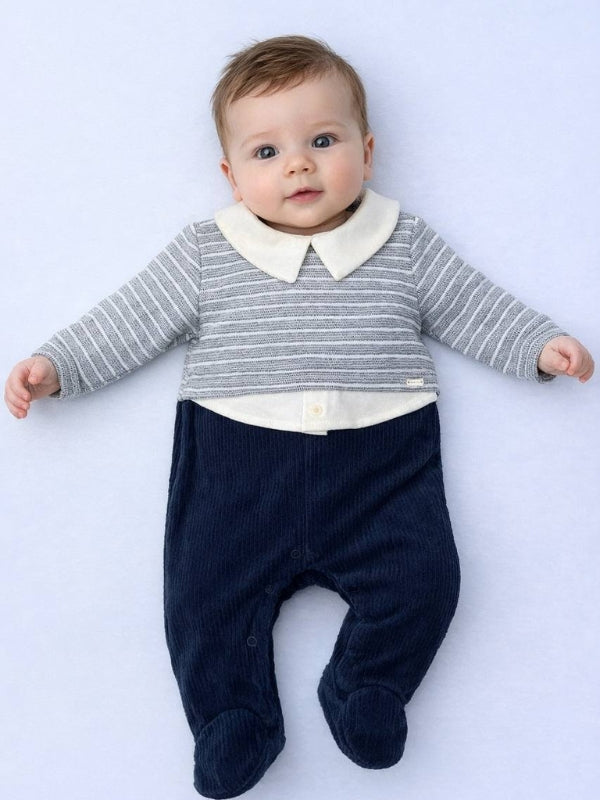 Navy & Gray Polo Velvet Footed Overall