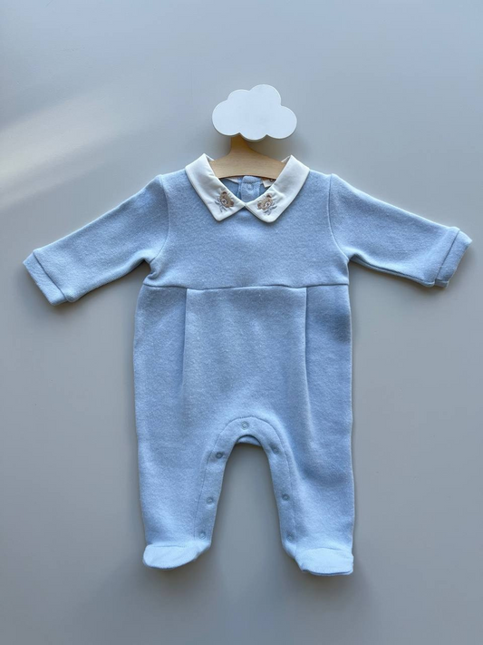 Light Blue and White Polo Bear Velvet Footed Overall