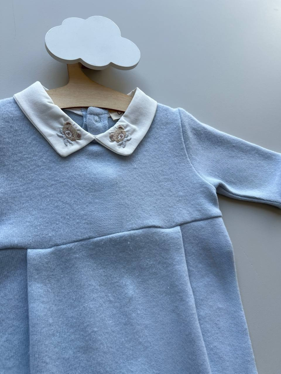 Light Blue and White Polo Bear Velvet Footed Overall