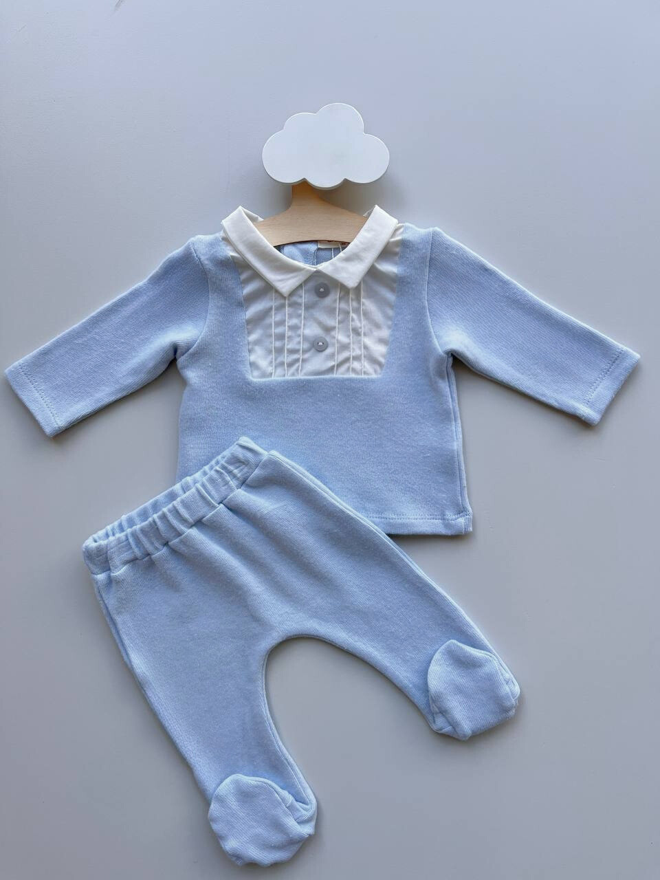 Light Blue and White Polo Velvet Footed 2pcs Set