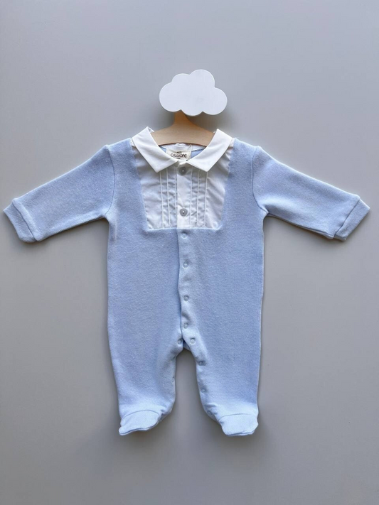 Light Blue and White Polo Velvet Footed Overall