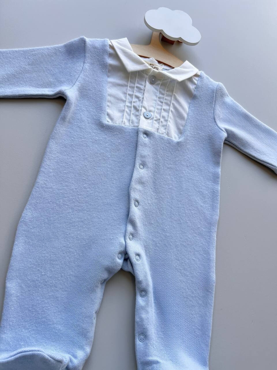 Light Blue and White Polo Velvet Footed Overall