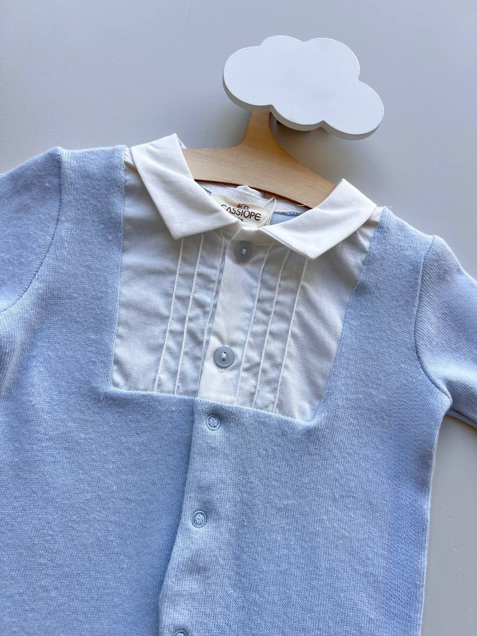 Light Blue and White Polo Velvet Footed Overall