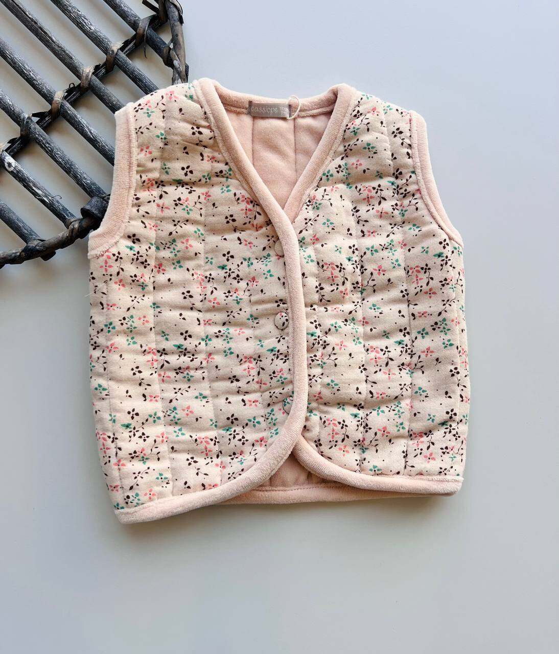 Beige Muslin and Velvet Flowers Padded Vest