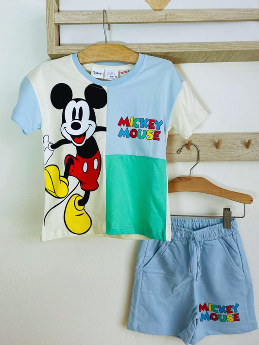 Beige/blue Mickey Mouse 2p Set Cotton Short