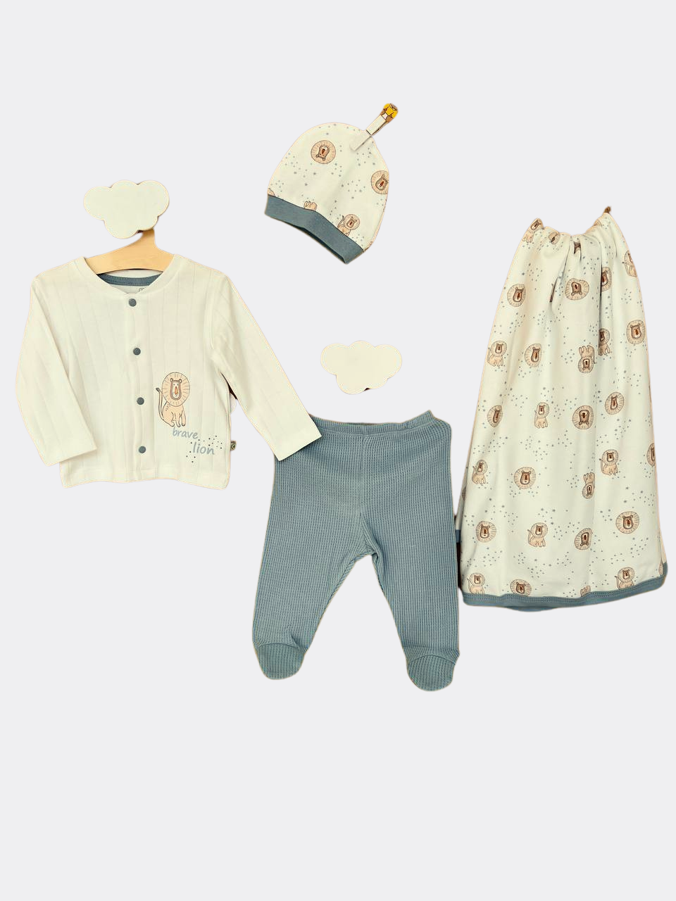 White/blue organic cotton lion set 4p