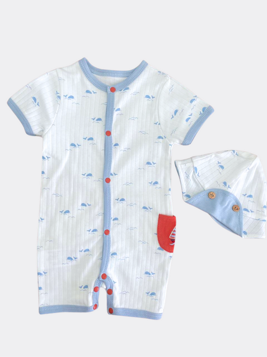 Blue And White Marine Short Sleeves Overall 2 Pieces