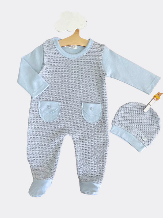 Blue Perforated Overall With Hat Organic Cotton