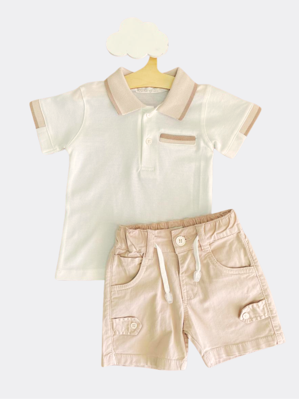 White Polo T-shirt and beige Short set 2 Pcs