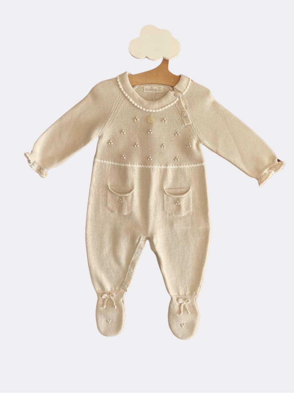 Beige And White Organic cotton Overall For Baby Girl