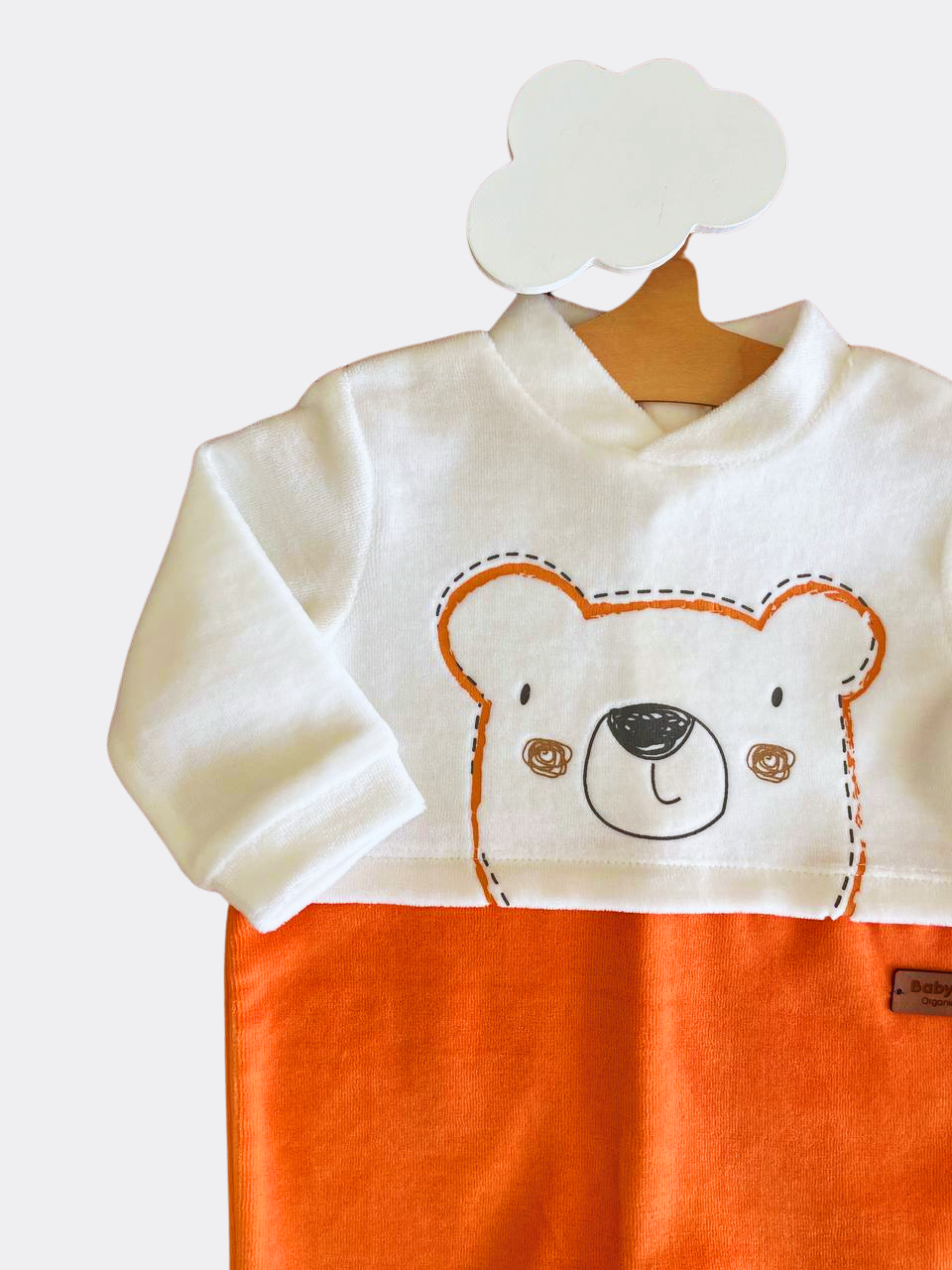 White & Orange Organic Velvet Teddy Footed Overall