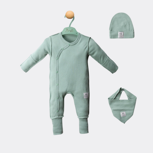 Mint Green Cotton Overall With Hat And Bib