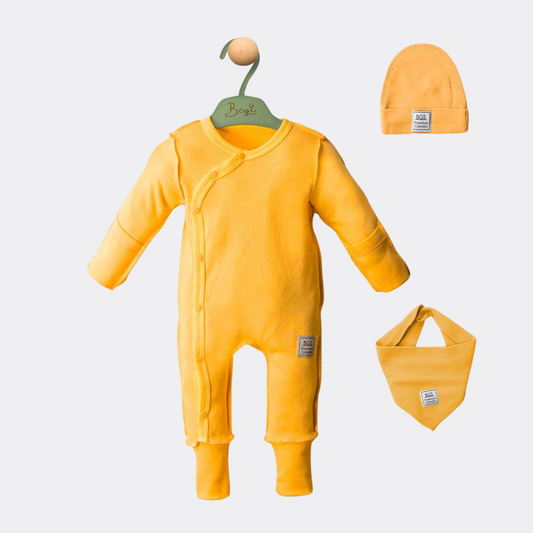 Mustard Cotton Overall With Hat And Bib