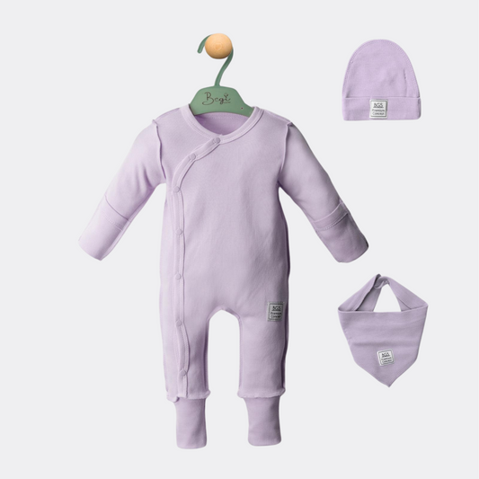 Purple Cotton Overall With Hat And Bib