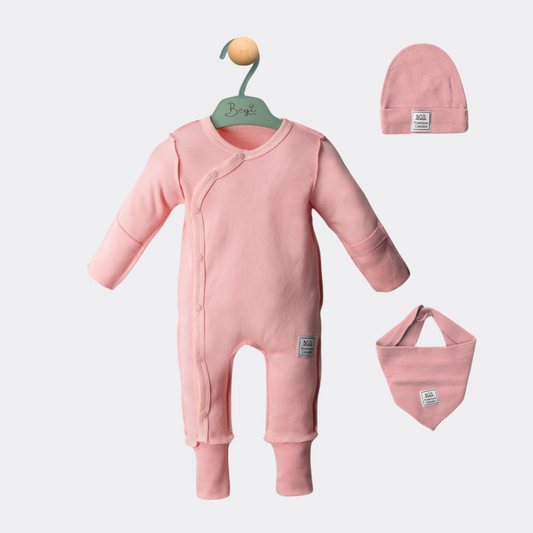 Pink Cotton Overall With Hat And Bib