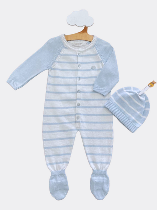 Blue And White Organic Cotton Overall With Hat