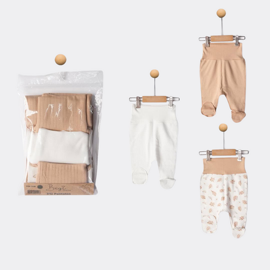 Beige/White Organic Cotton Footed Pants set of 3 pcs (Begi)