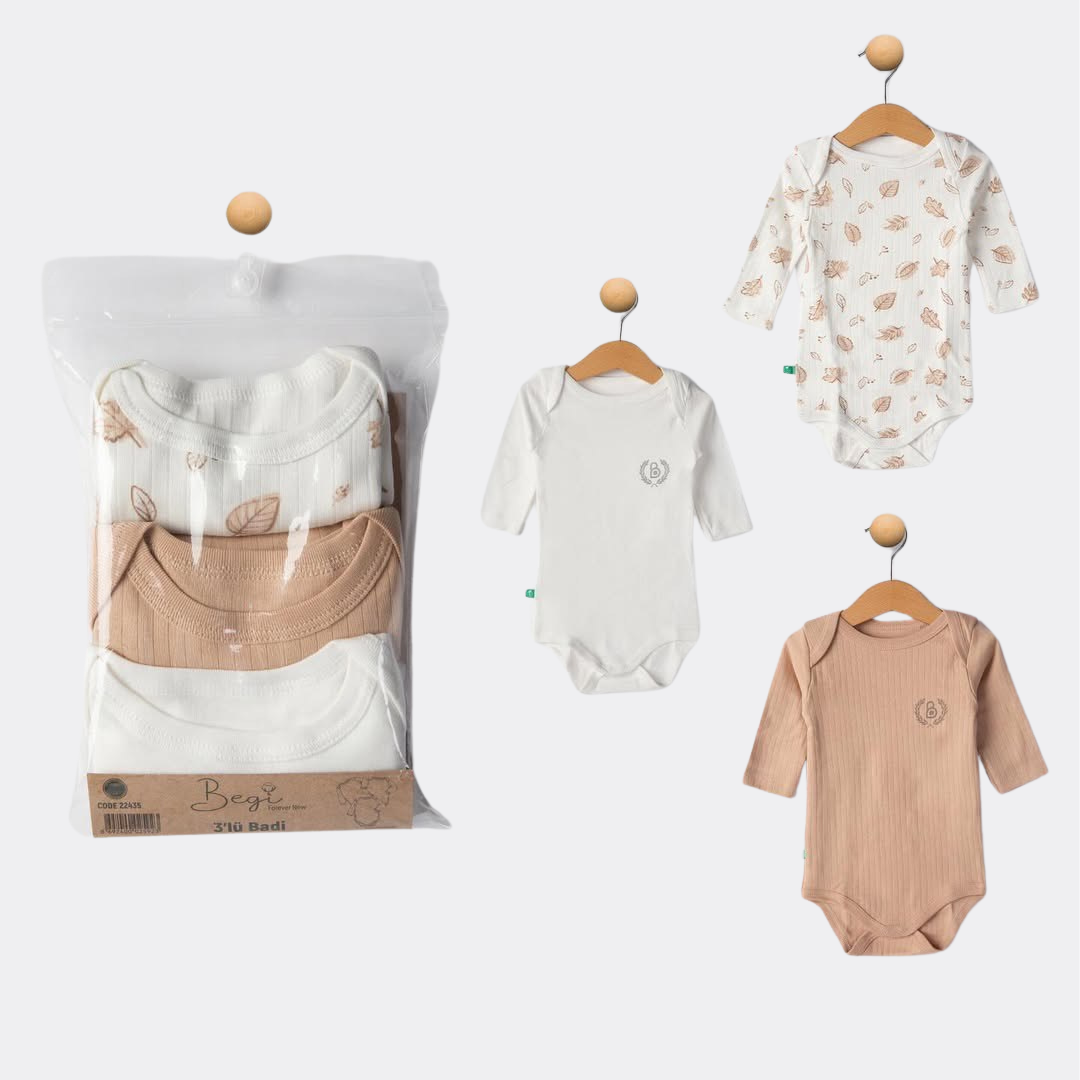 Beige/White Organic Cotton Long Sleeves Body set of 3 pcs (Begi)