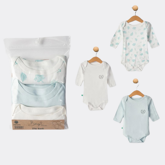 White/Blue Leaves Organic Cotton Long Sleeves Body set of 3 pcs (Begi)