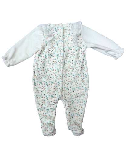 White & Flower Velvet Footed Overall