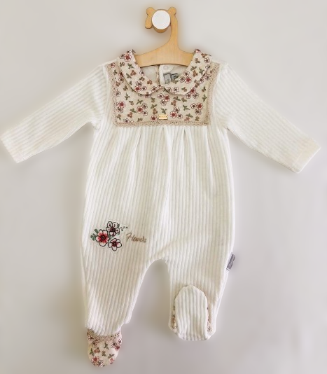 White And Beige Flower Velvet overall