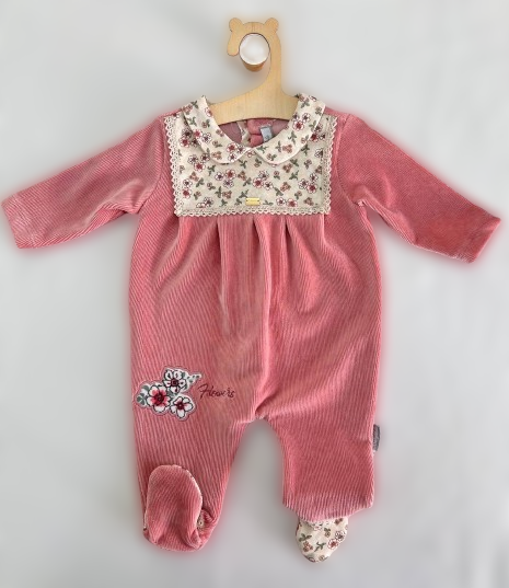 Pink And Beige Flower Velvet Overall