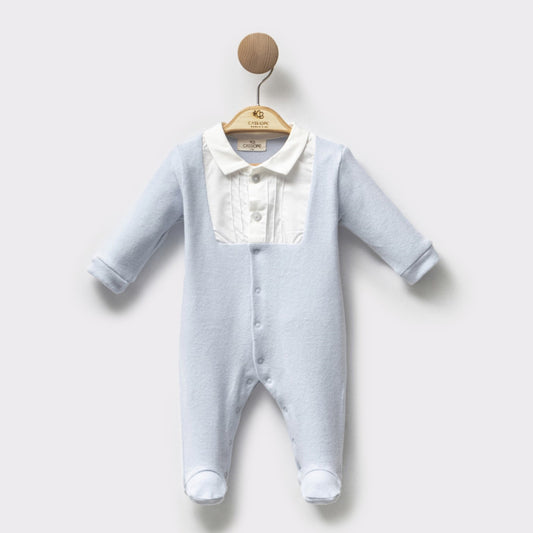 Light Blue and White Polo Velvet Footed Overall