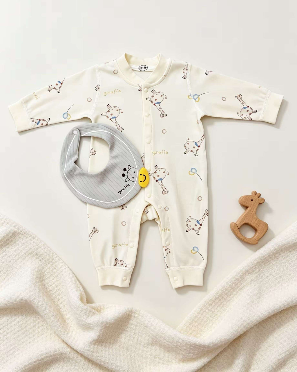 Light Beige Giraffe Cotton Overall With Bib 2 Pcs