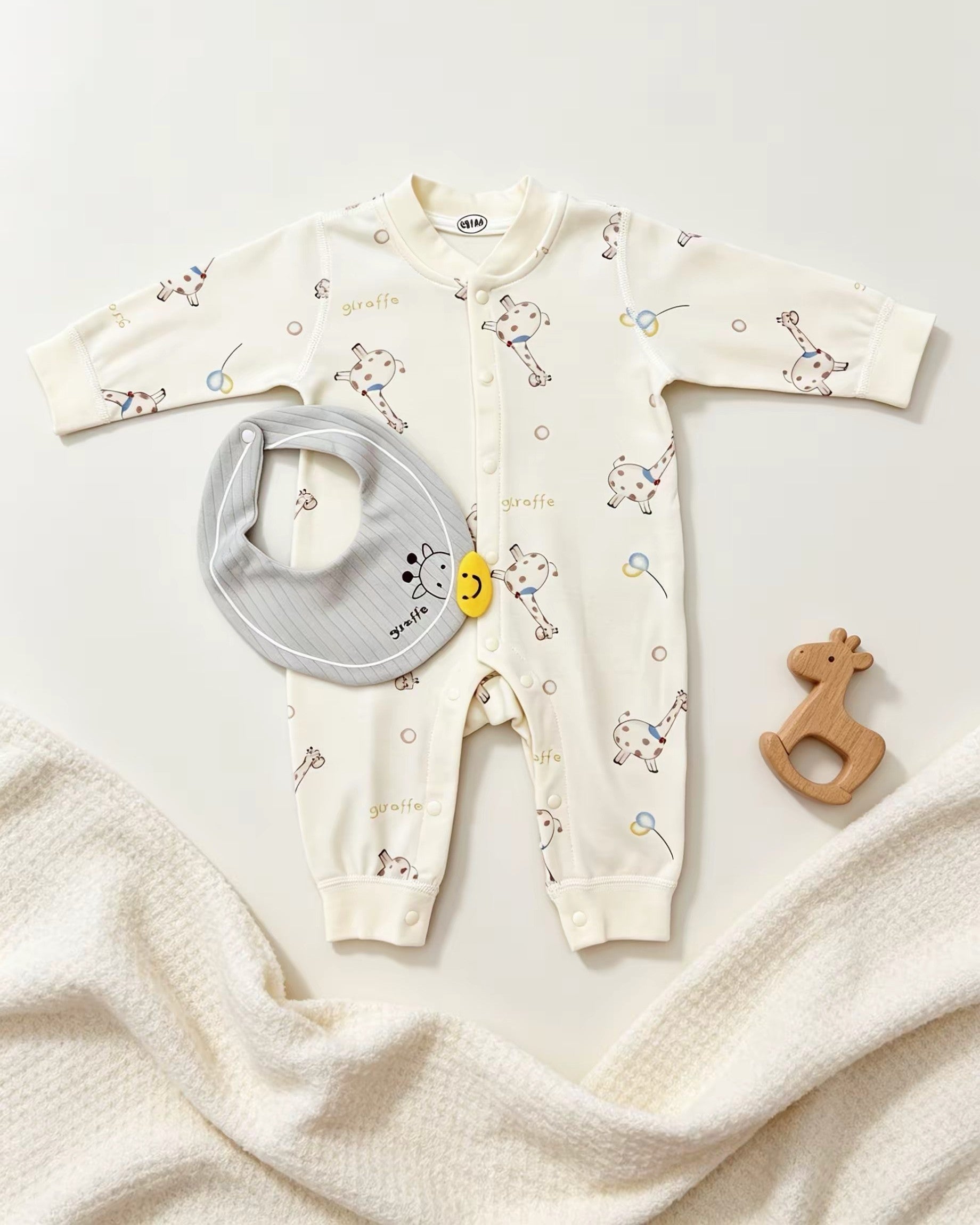 Light Beige Giraffe Cotton Overall With Bib 2 Pcs