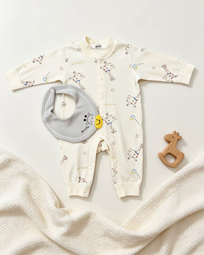 Light Beige Giraffe Cotton Overall With Bib 2 Pcs
