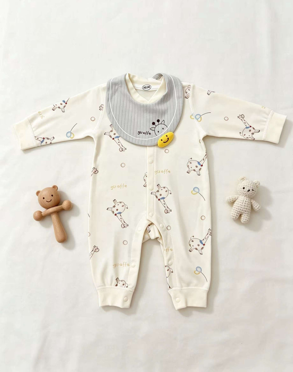 Light Beige Giraffe Cotton Overall With Bib 2 Pcs