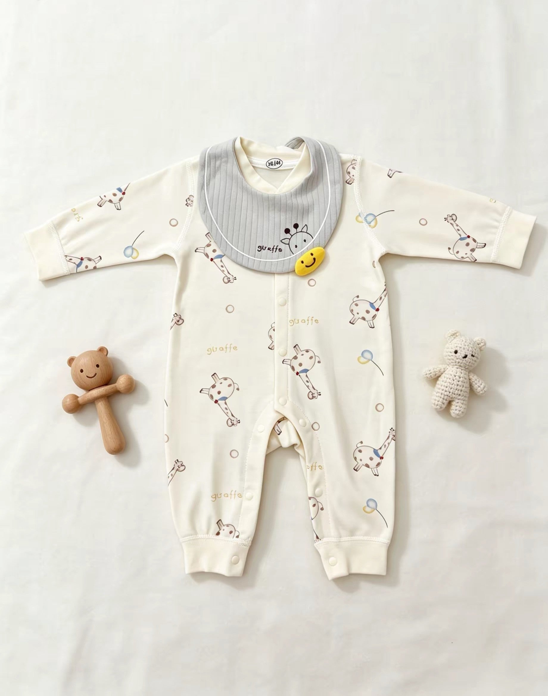 Light Beige Giraffe Cotton Overall With Bib 2 Pcs