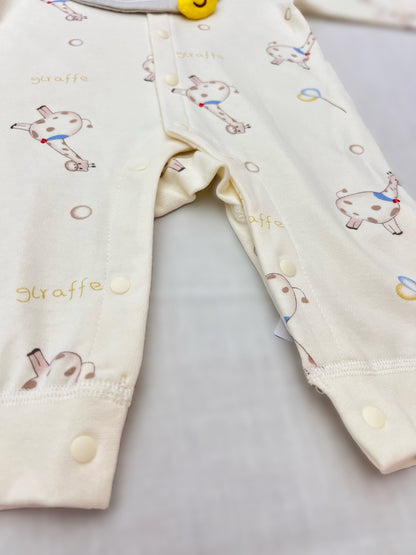 Light Beige Giraffe Cotton Overall With Bib 2 Pcs