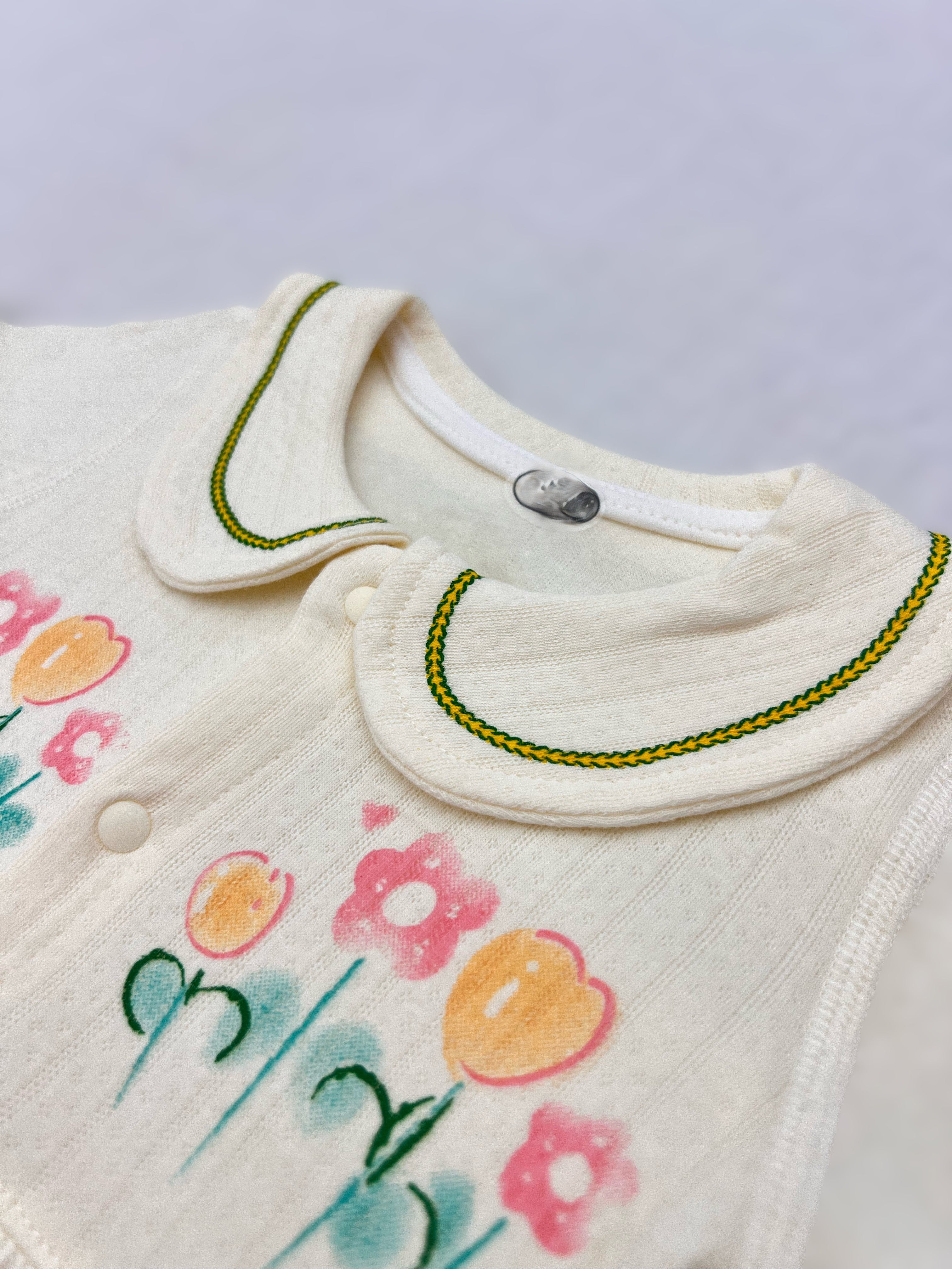 Light Beige Flowers Collar Cotton Overall