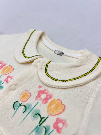 Light Beige Flowers Collar Cotton Overall