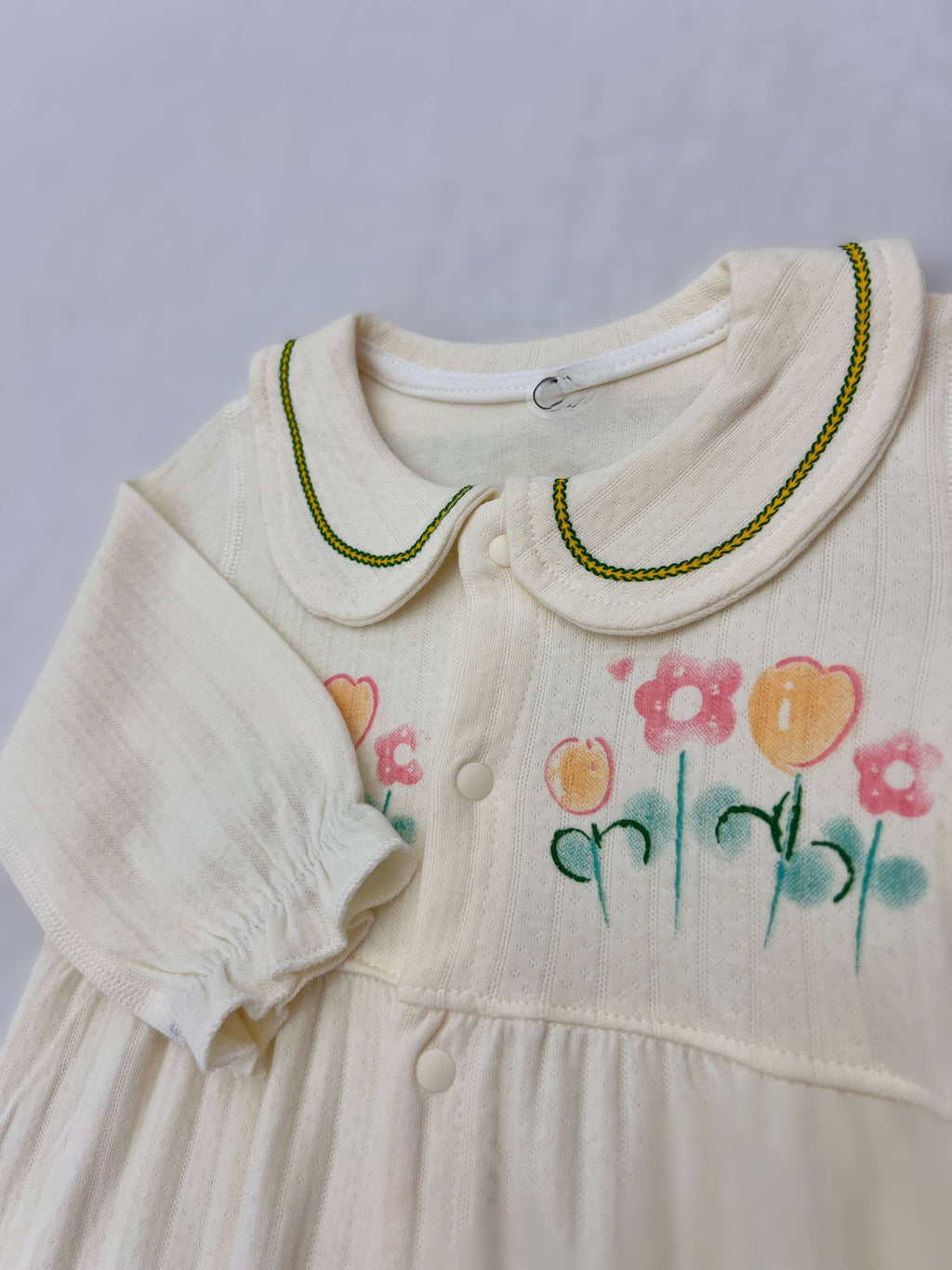 Light Beige Flowers Collar Cotton Overall
