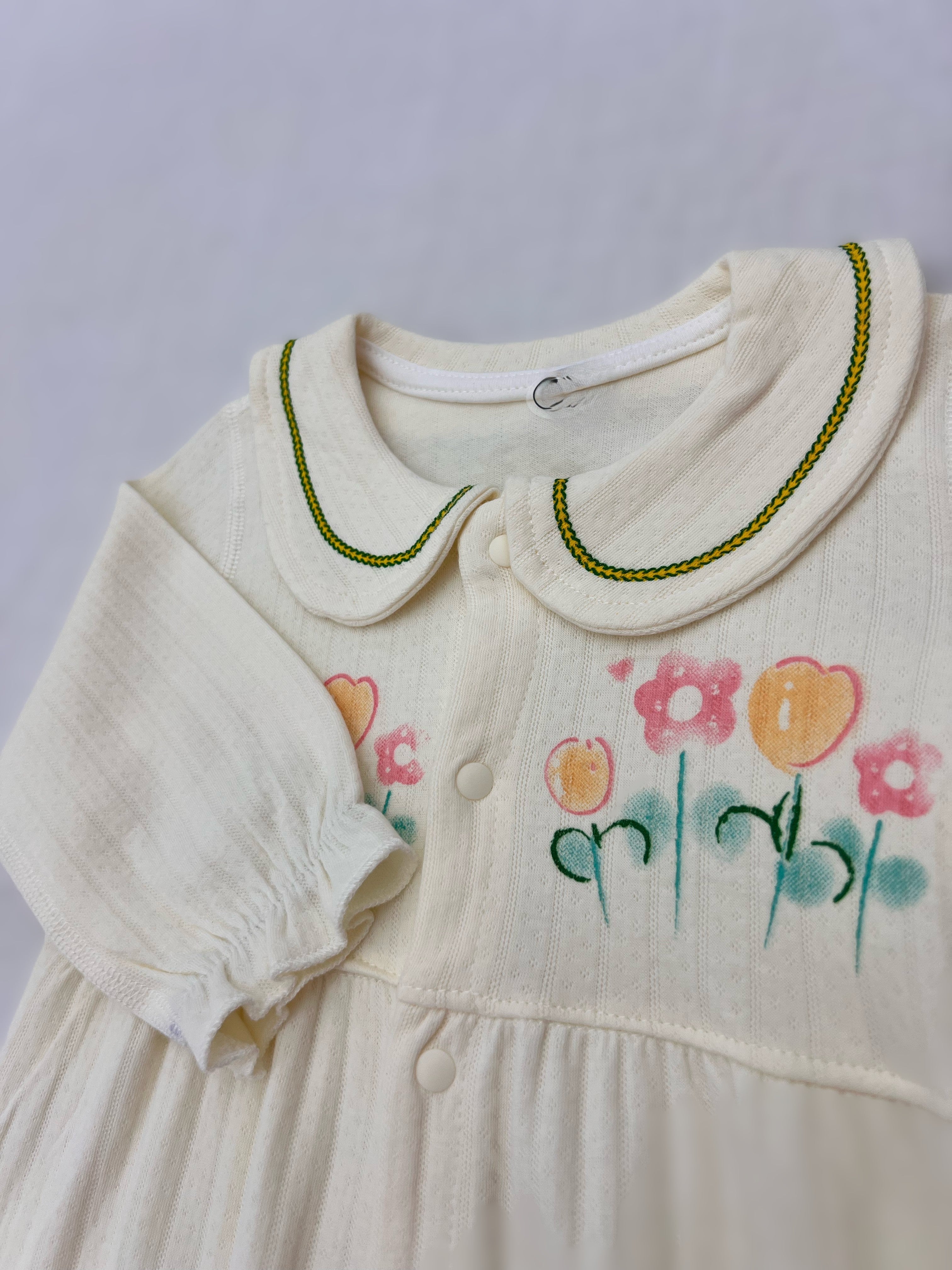 Light Beige Flowers Collar Cotton Overall