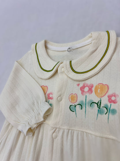 Light Beige Flowers Collar Cotton Overall